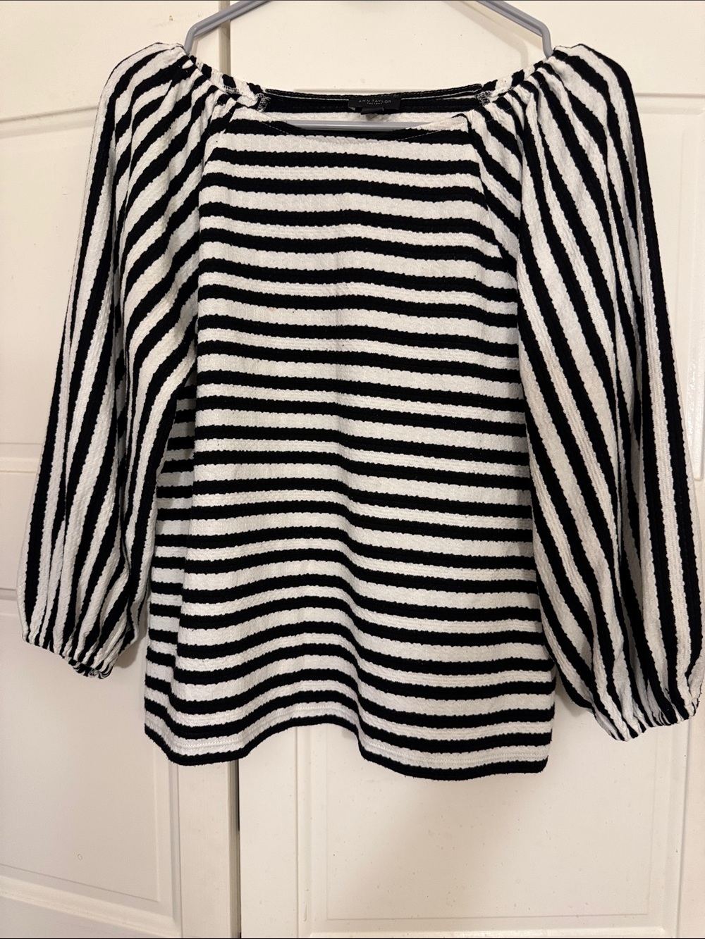 Ann Taylor Factory Black and White Striped Boatneck Blouson Top